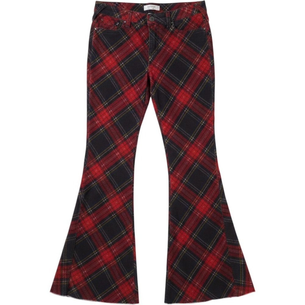 Free People Jeans 31 Red Plaid Corduroy Retro Flare Bell Bottom Raw Hem Pants